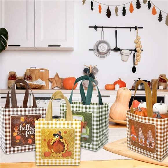 AnyDesign Fall Reusable Gift Bag Pumpkin Turkey Gnome Tote Bags‎ with Handles - Picture 6 of 8